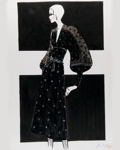 Figurín con traje de cóctel negro con topos estampados en blanco, 1973-1974 Pedro Rodríguez. Foto: Museo del Traje