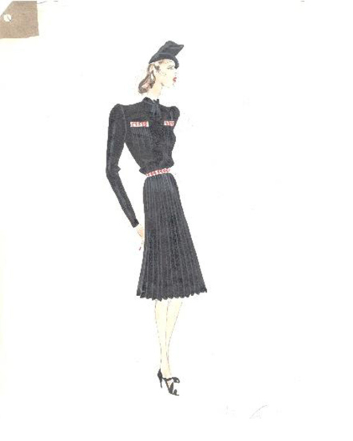 Figurín con vestido de manga larga, sombrero y redecilla negras, ca. 1940-1943 Asunción Bastida. Foto: Museo del Traje